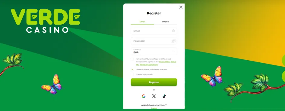 Crea un account nell'applicazione Verde Casino